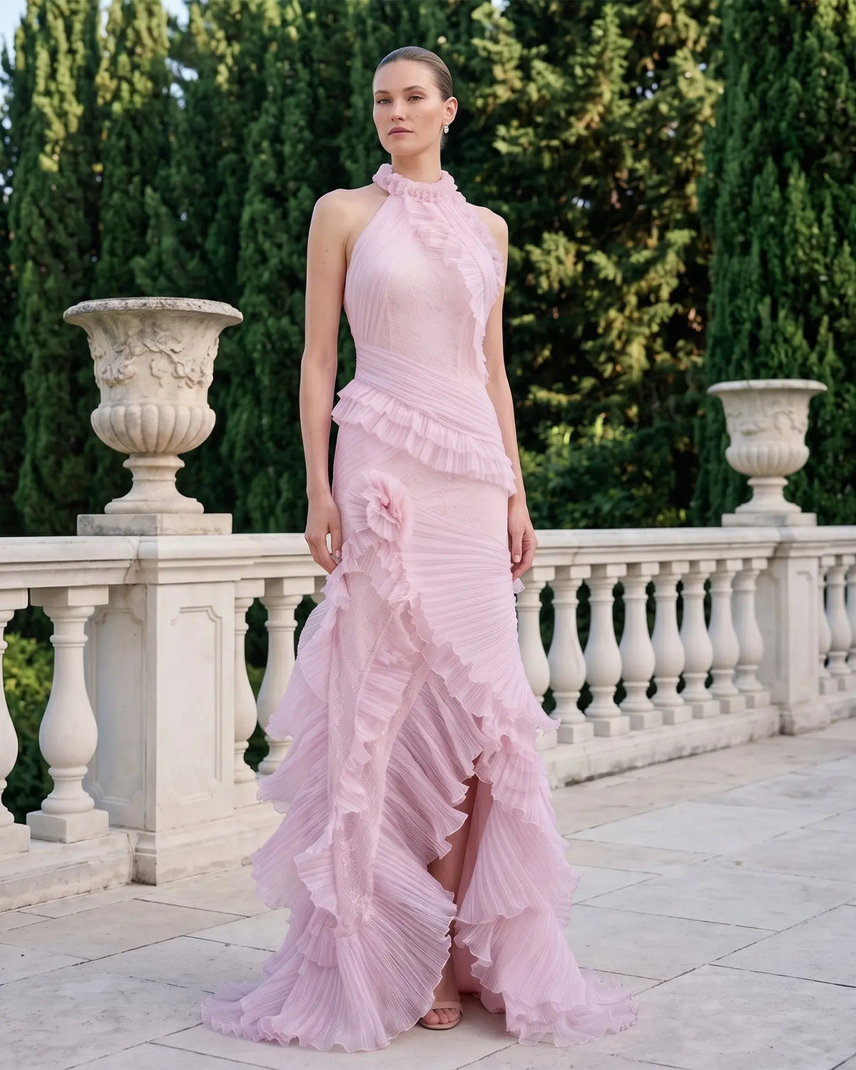 Pink Lace Halter Neck Ruffle Mermaid Evening Dress SF216