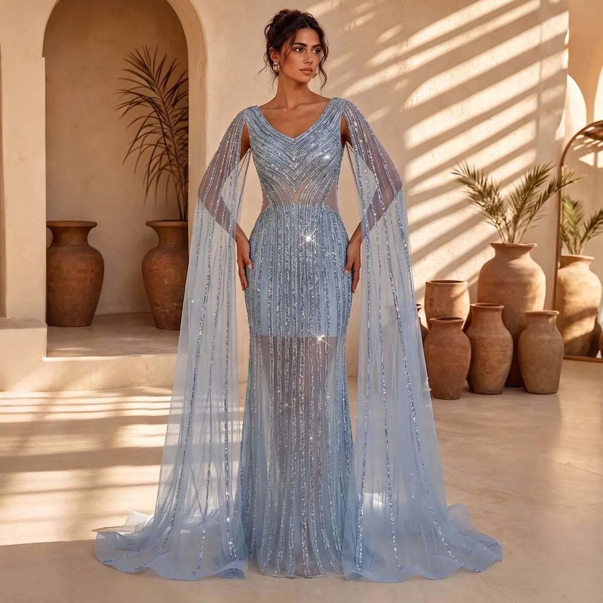 Luxury Beaded Blue Evening Dress with Cape Sleeves SS251