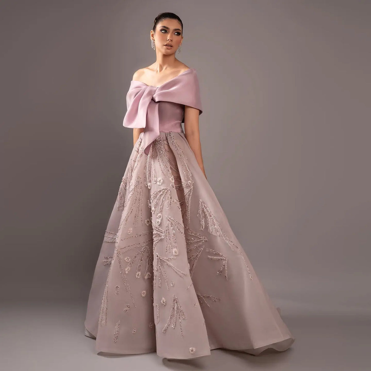 Luxury Blush Pink Sequin Bow Embroidered Ball Gown Evening Dress XD051 