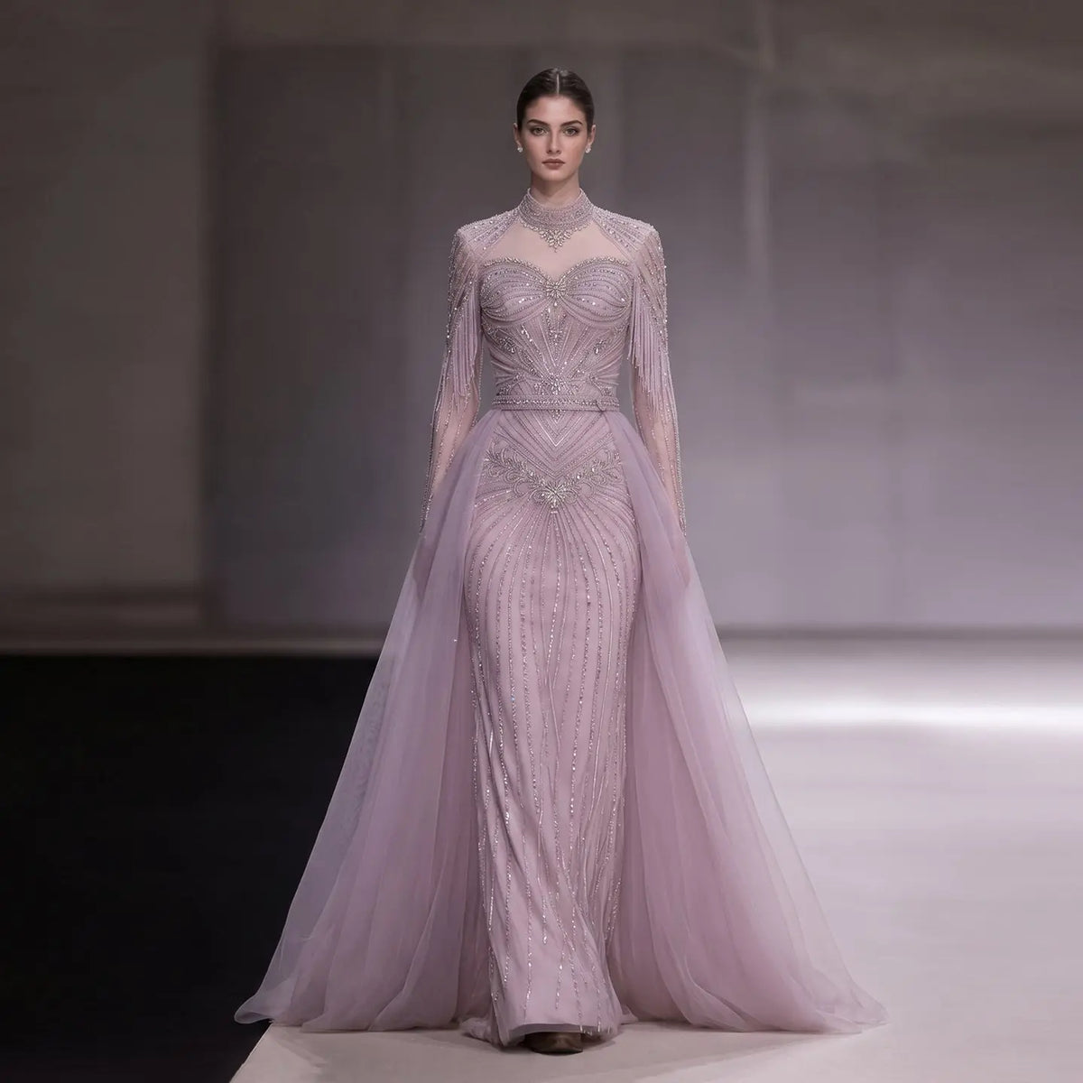 Lilac Beaded Long Sleeve Evening Gown SS171