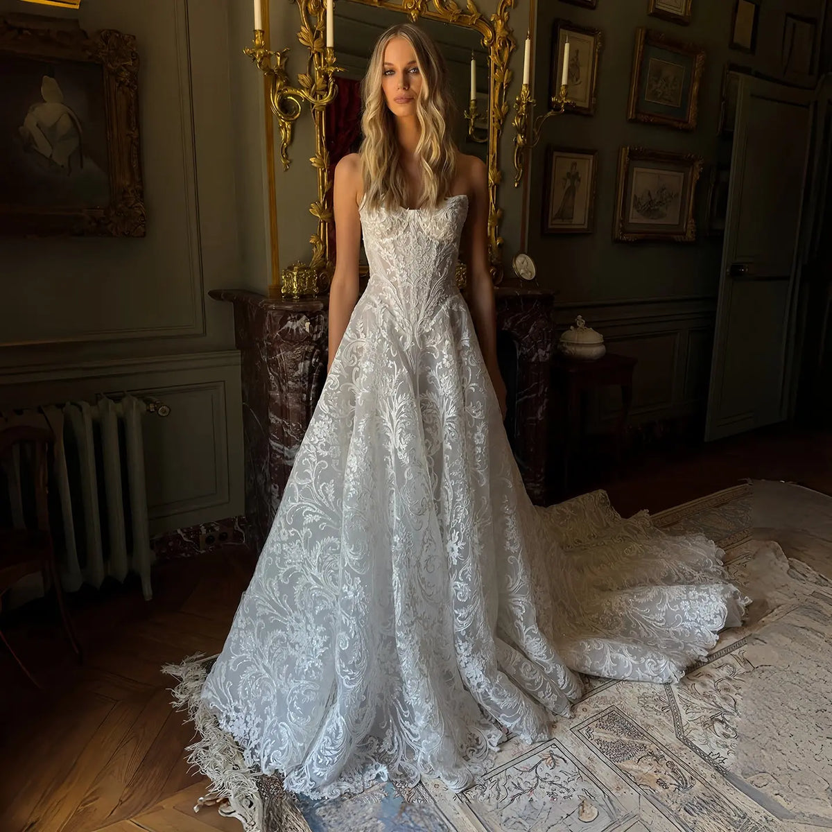 bridal dresses lace vintage Vintage White Strapless Lace A-Line Wedding Dress with Scalloped Train SW220