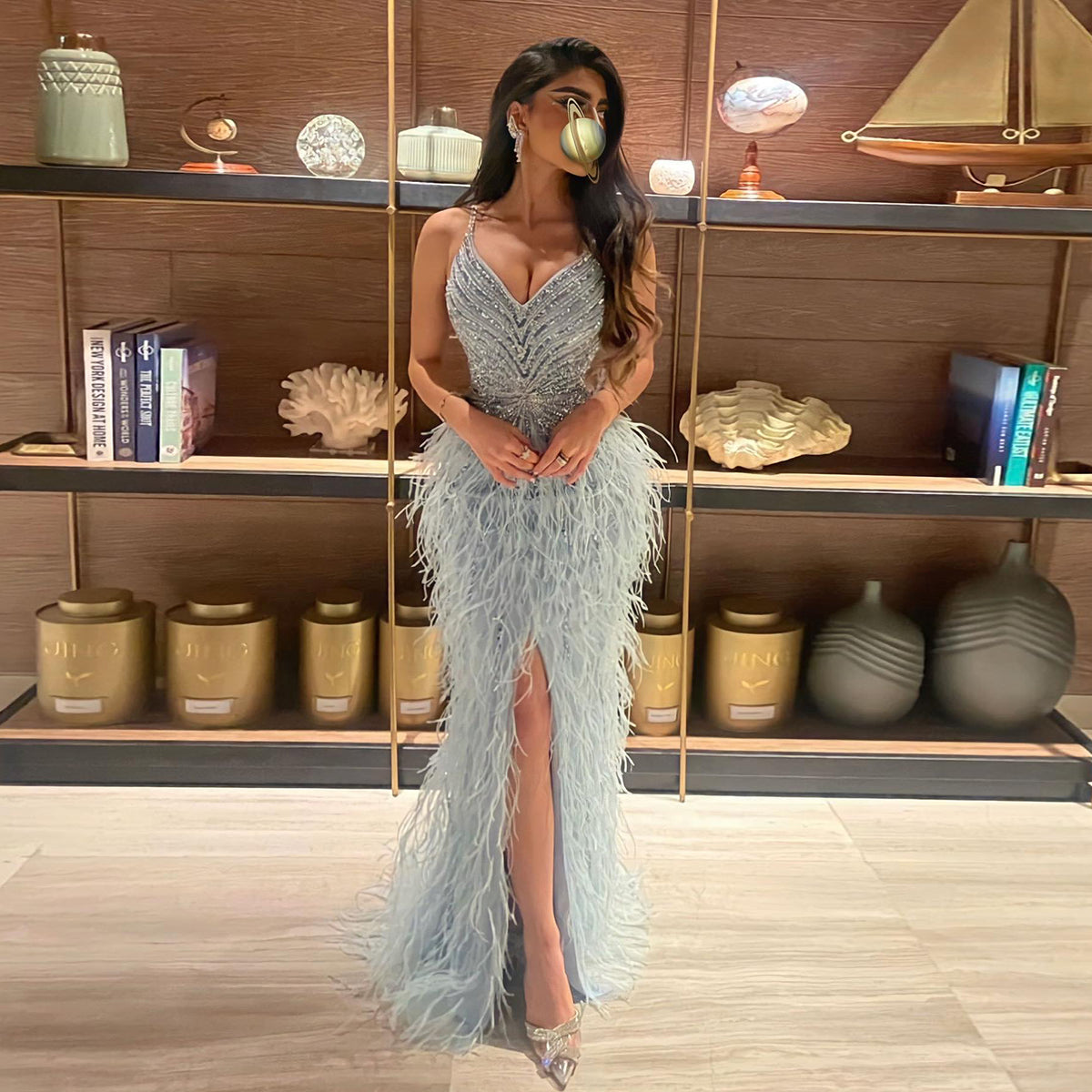 Sharon Said Luxury Beaded Blue Mermaid Feathers Prom Dresses Sexy Spaghetti Straps Backless Rose Pink Evening Dress Arabic Formal Party Gown SS004