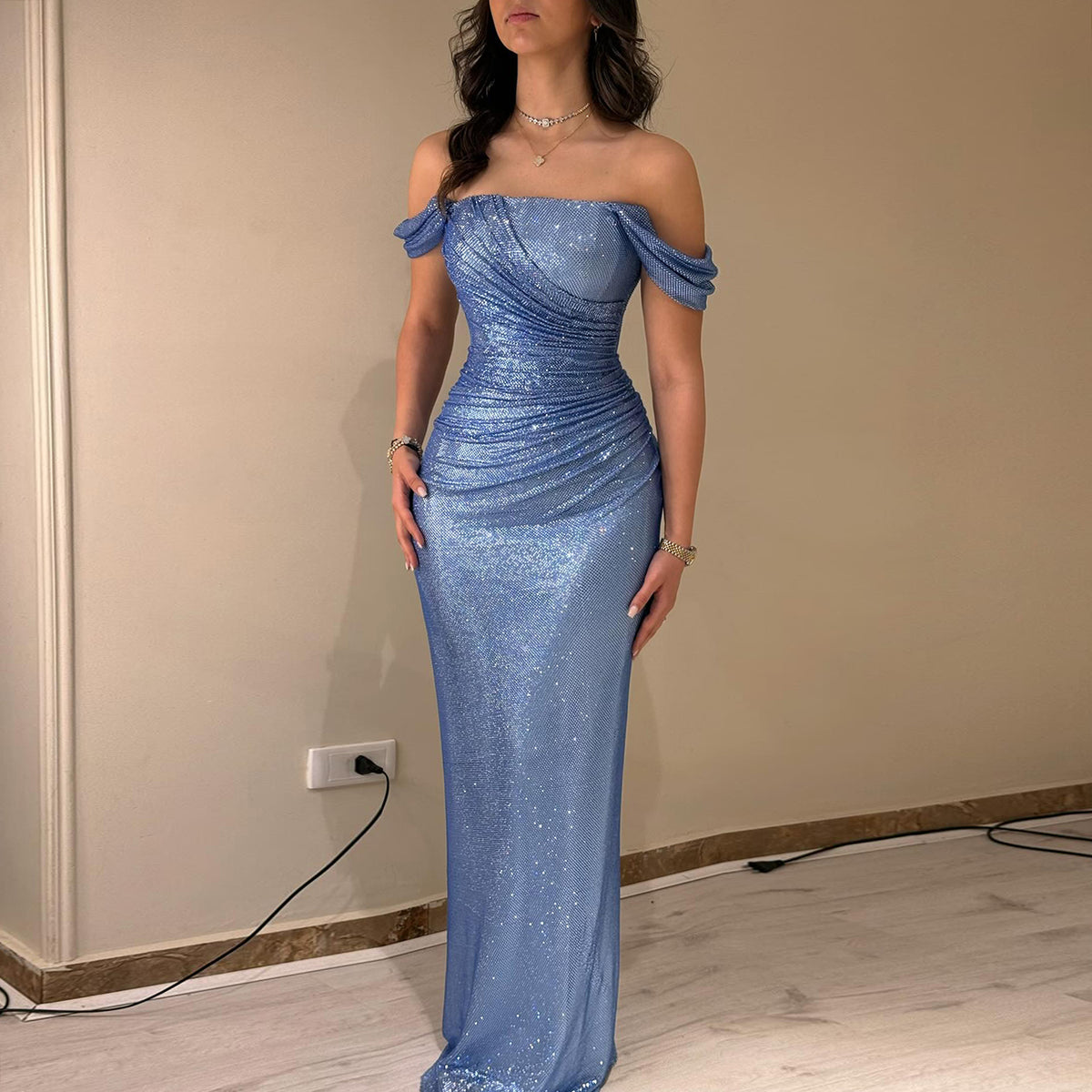 Elegant Blue Off-Shoulder Sequin Evening Dress SS671 