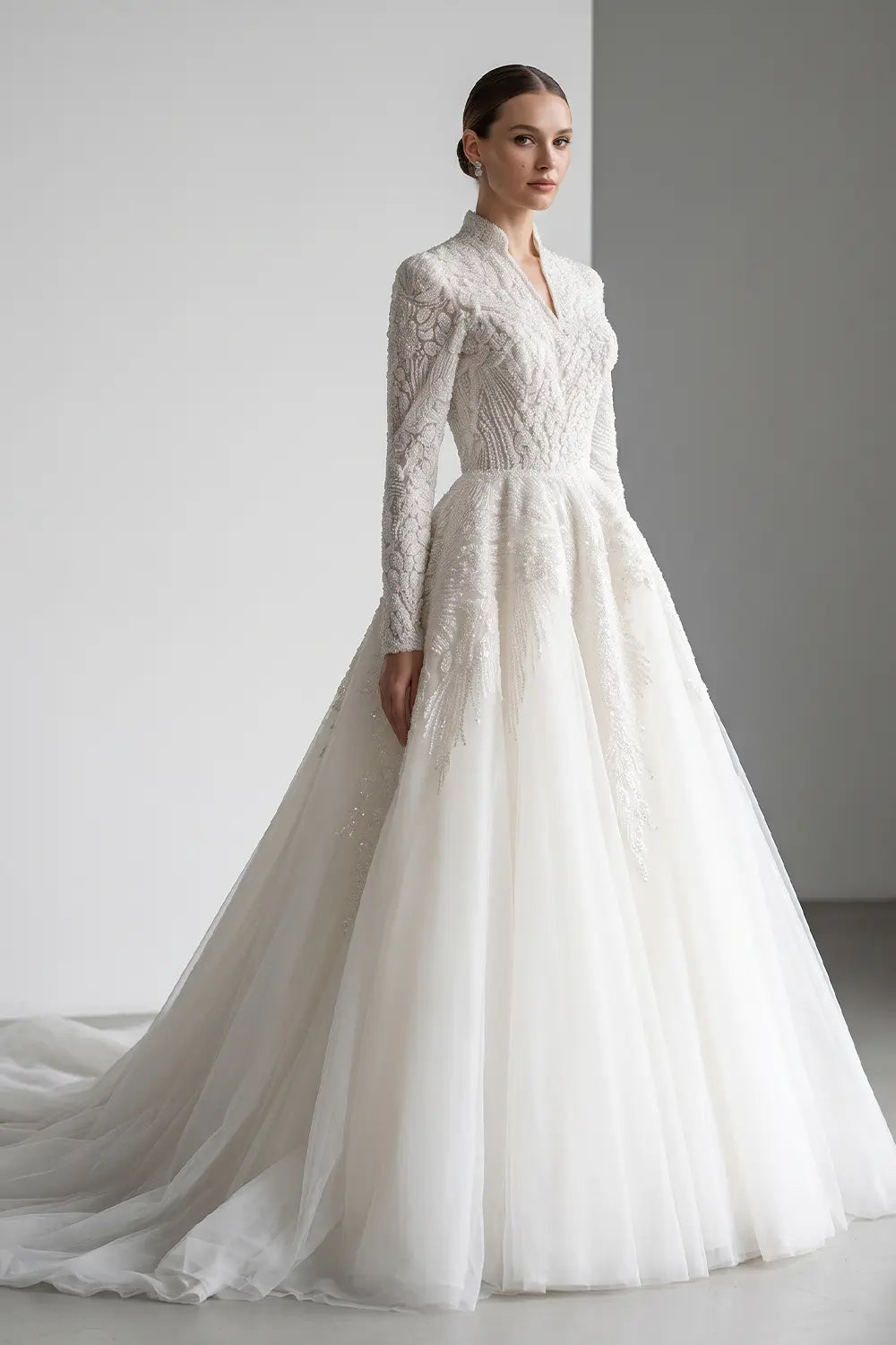 Luxury Sequin Pearl Long Sleeve Ball Gown Wedding Dress SW518