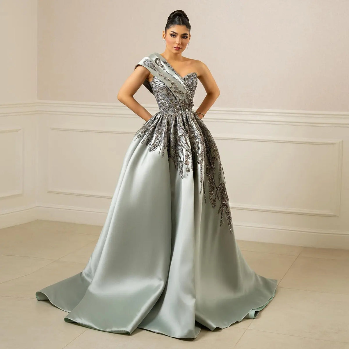 Luxury Gray One-Shoulder Embellished Crystal Evening Dress XD040 