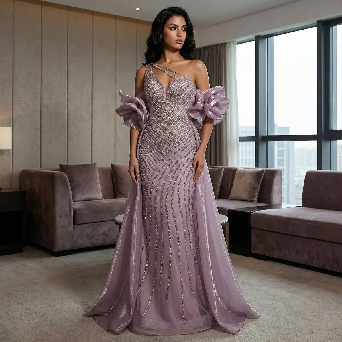 Luxury Dusty Pink Beaded One-Shoulder Fitted Evening Dress with Cape SS016 