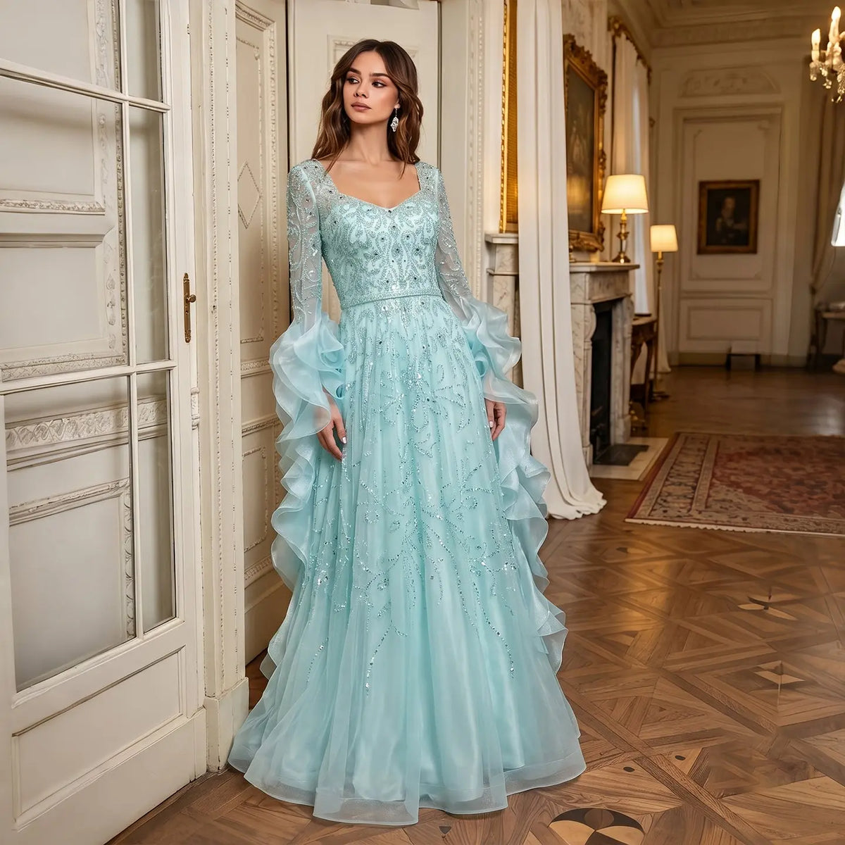 Aqua Ruffled Cape Crystal Sequin Evening Dress SS410