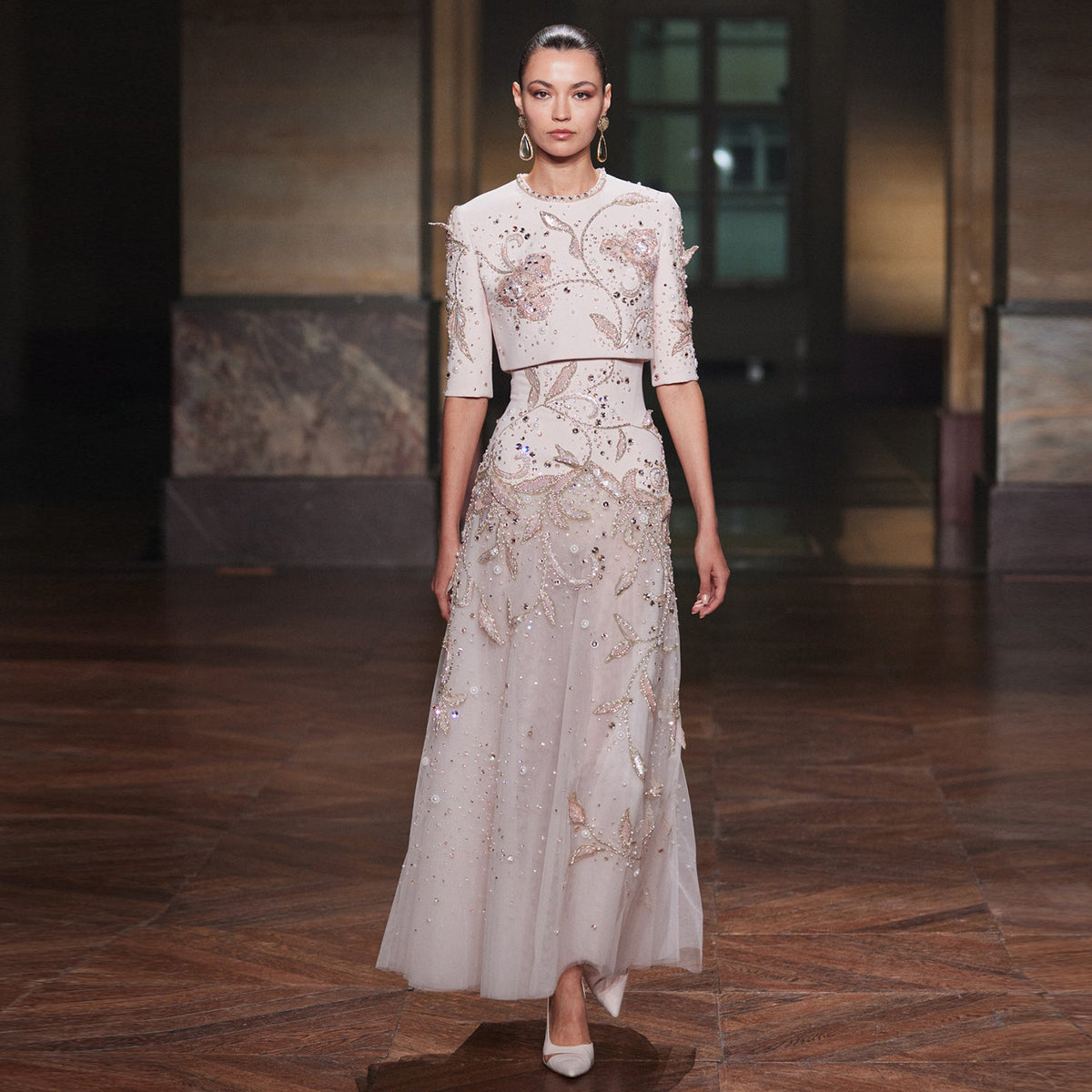 Luxury Blush Pink Crystal Short Sleeve 2 Pieces Evening Dress SS518 