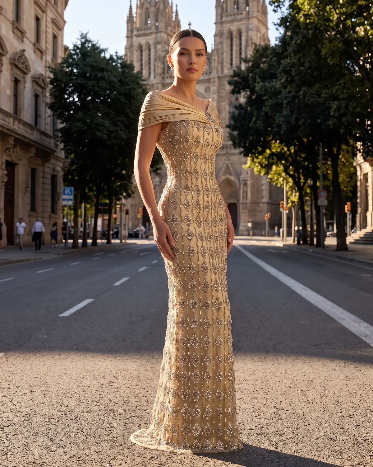 Gold Satin Embellished Evening Dress SS217