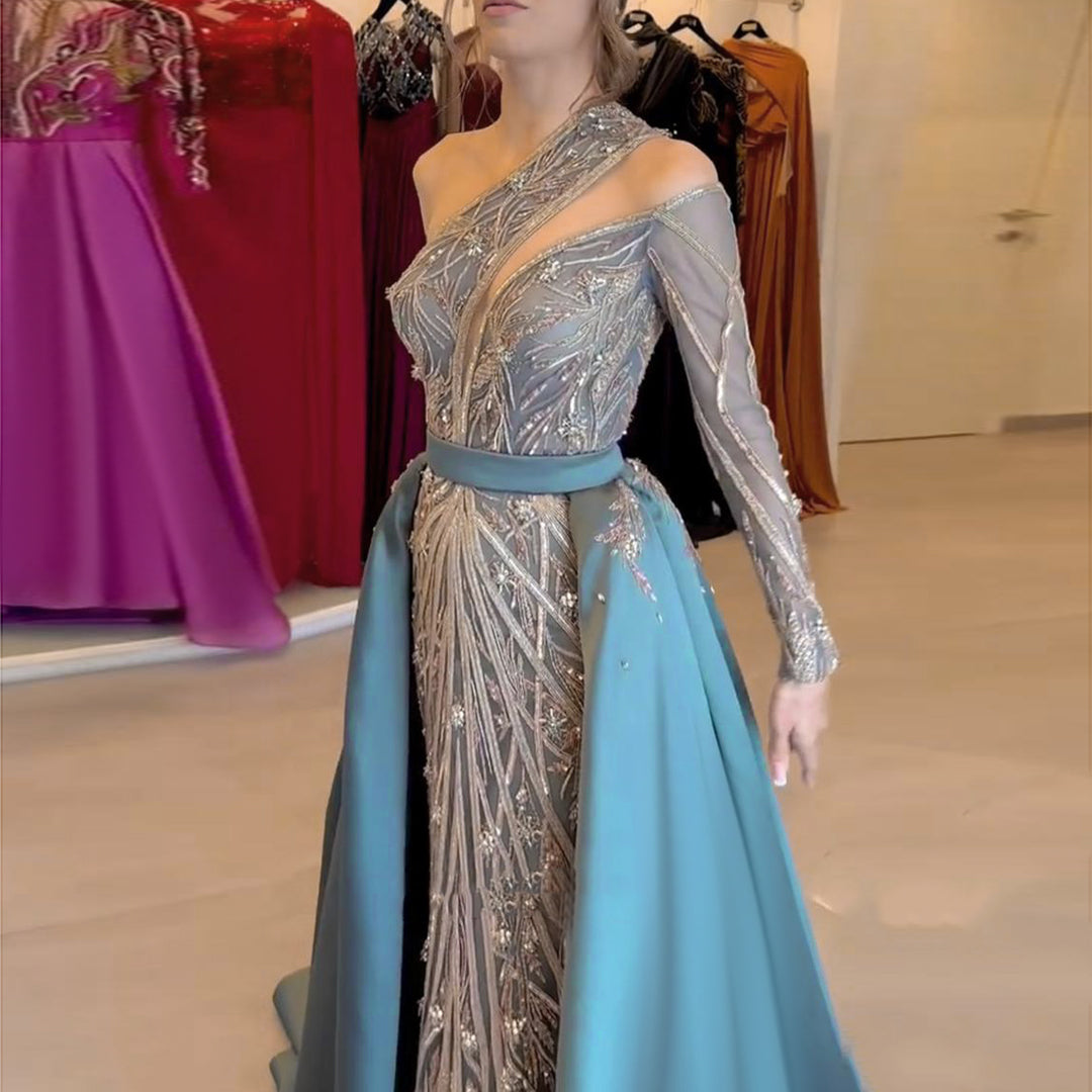 Sharon Said Arabic Luxury Beaded One Shoulder Turquoise Evening Dress with Overskirt Dubai Women Wedding Party Gowns SS307