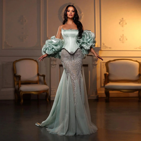 Luxury Aqua Strapless Puff Sleeve Beaded Mermaid Evening Dress SS501