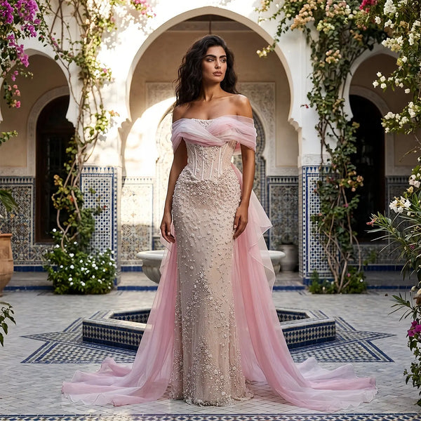 Glamorous Blush Pink Off-the-Shoulder Draped Sequin Evening Dress SS519