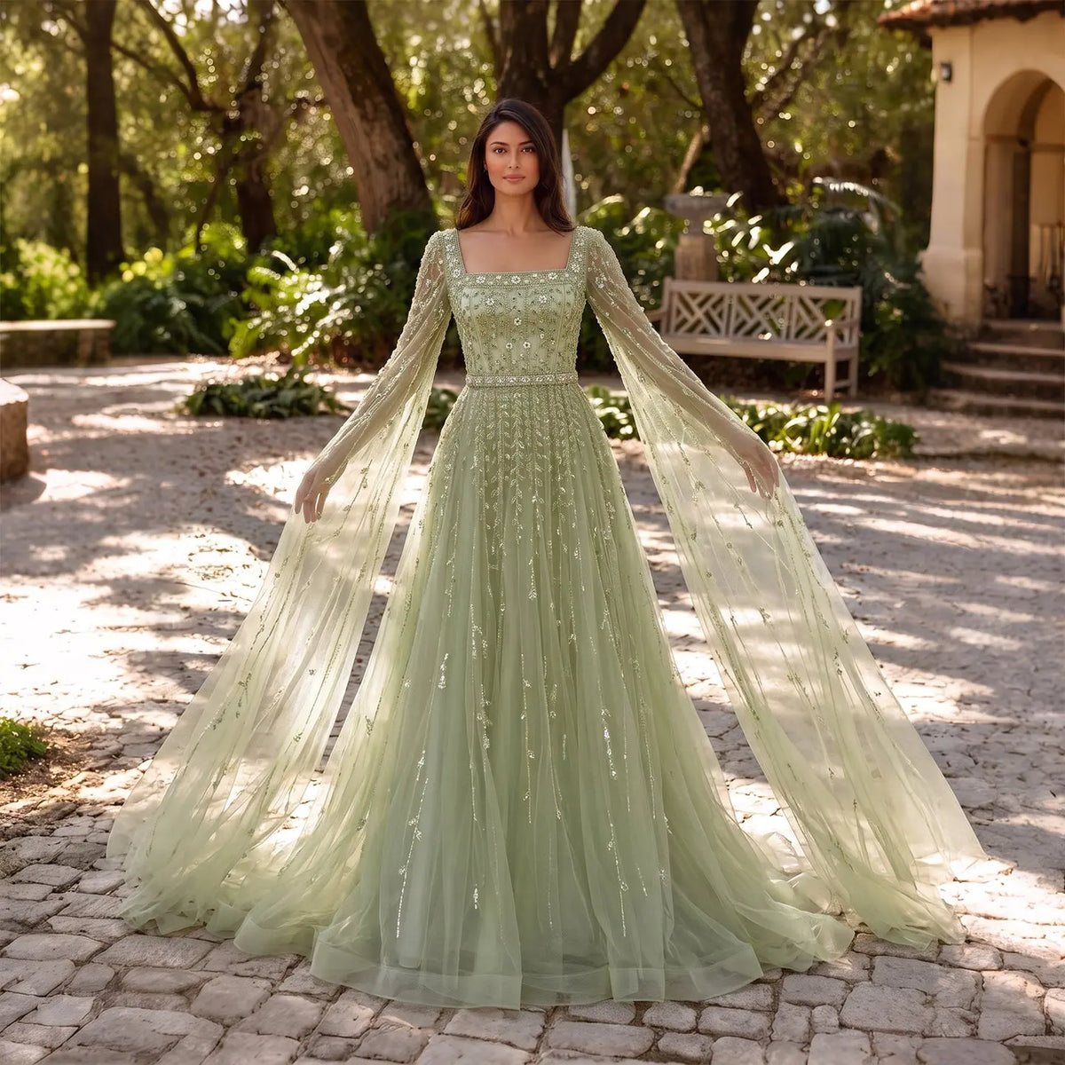 Square Neck Evening Dress with Cape Sleeves SS494