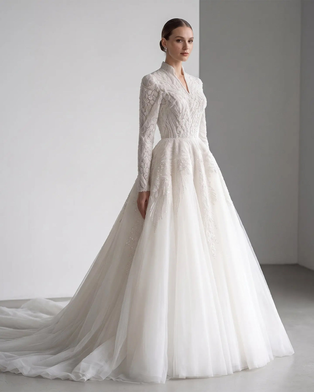 White Sequin Pearl Ball Gown Wedding Dress SW518