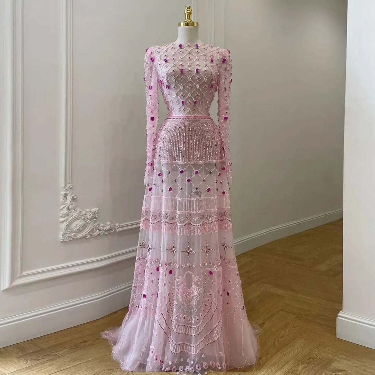Luxury Pink Crystal Beaded Long Sleeve Embroidered Evening Dress SS220 SHARONSAID Luxury Pink Crystal Beaded Long Sleeve Embroidered Evening Dress SS220 SHARONSAID