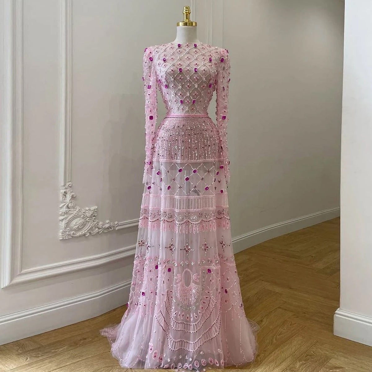Luxury Pink Crystal Beaded Long Sleeve Embroidered Evening Dress SS220 