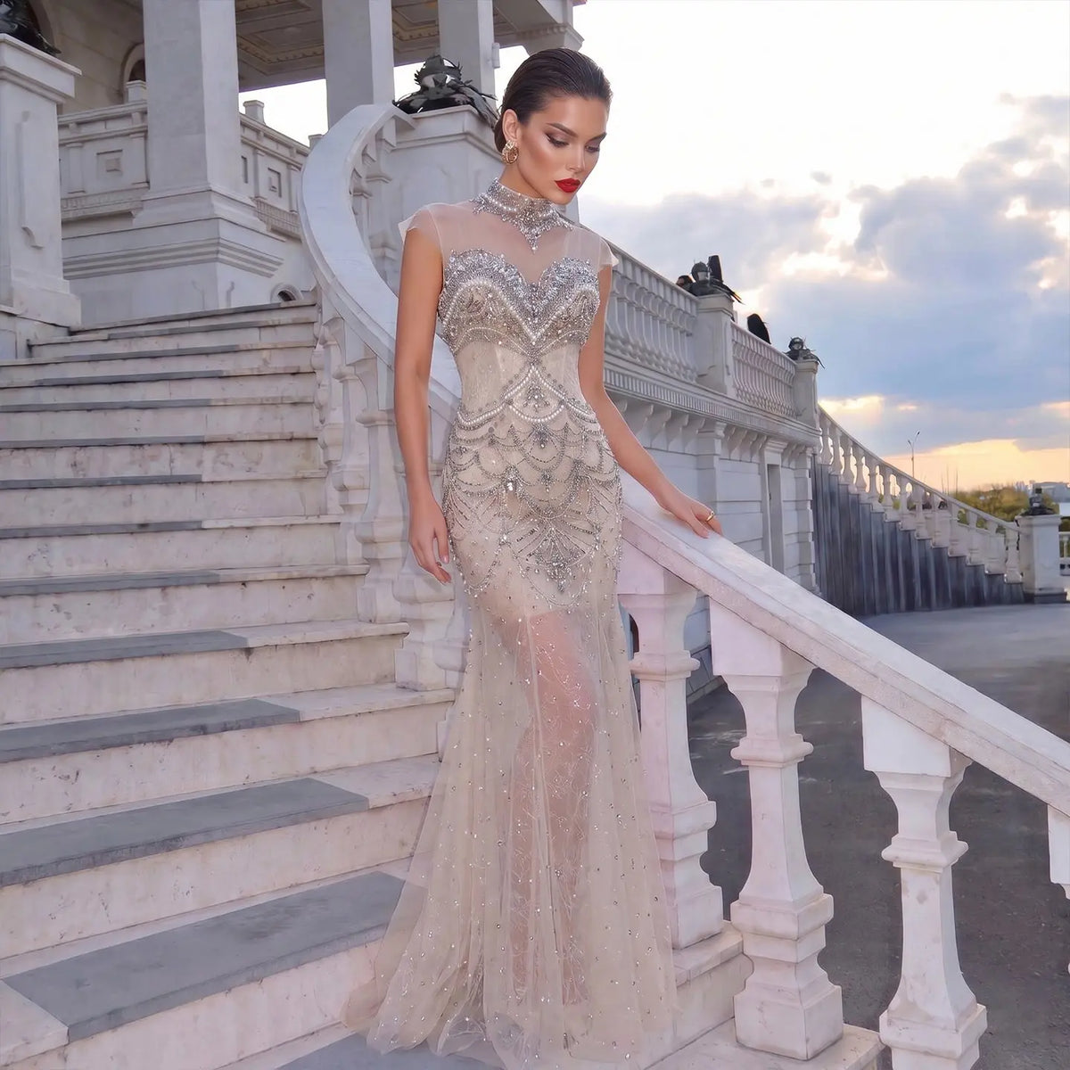nude beaded dress Blush Nude Off-Shoulder Beaded Gown with Sweetheart Neckline & Fitted Mermaid Silhouette CDCC477