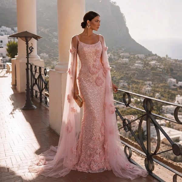 Pink Sheer Tulle Romantic Mermaid Sequins 3D Floral Evening Dress SS472
