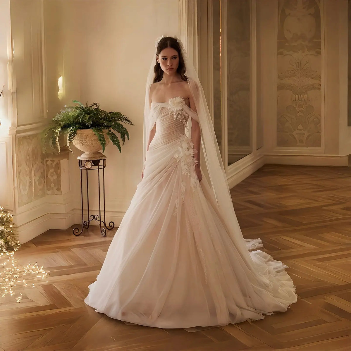 Dreamy Strapless 3D Floral Draped Wedding Dress with Veil SW232