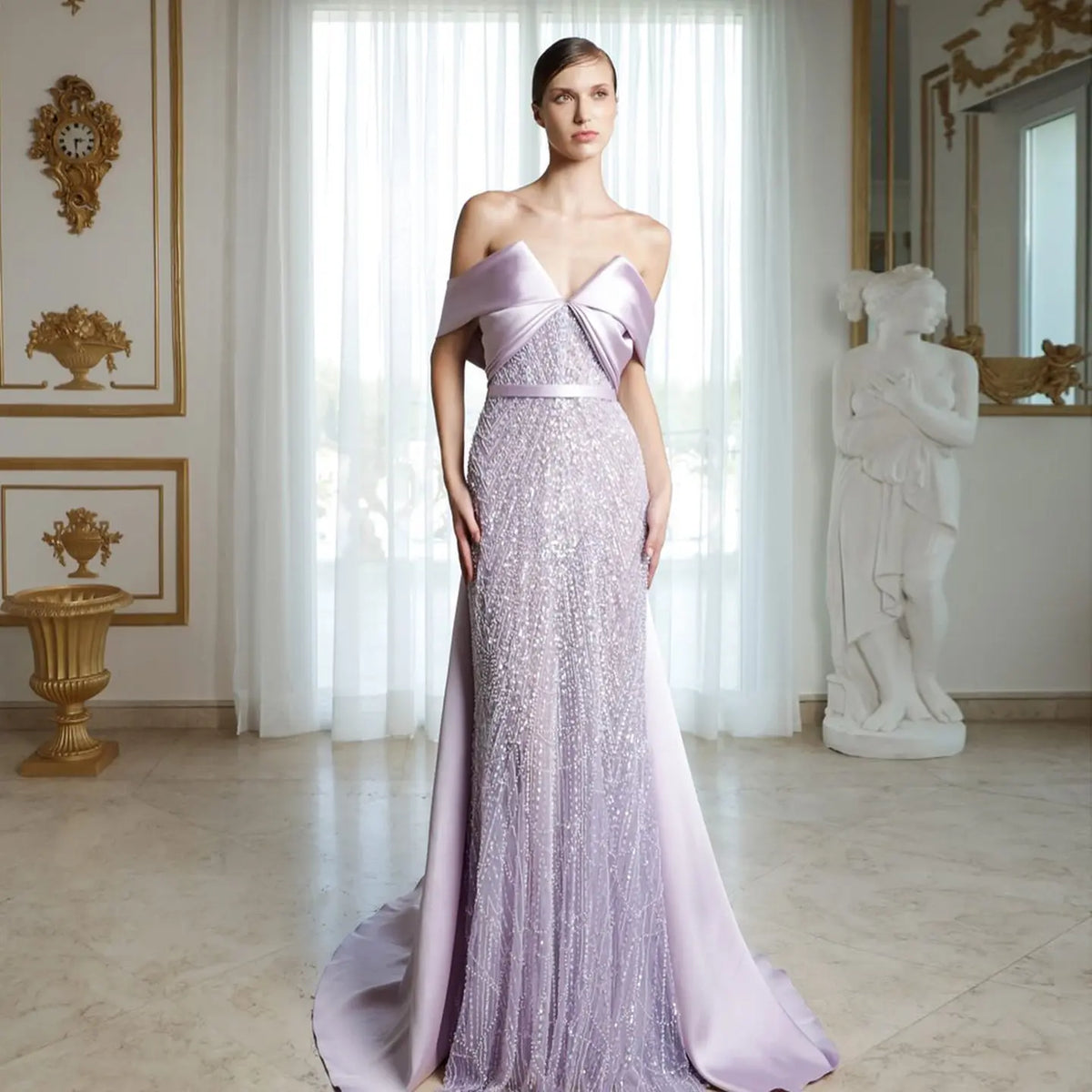 Luxury Beaded Off Shoulder Lilac Evening Dress SS624 