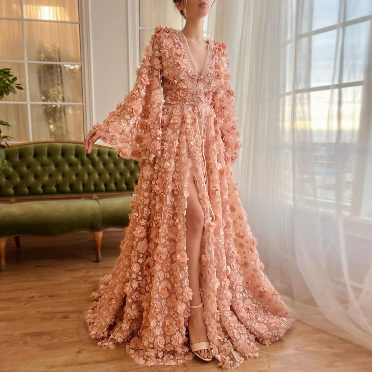 Sharon Said Blush Peach-Pink 3D Flowers Evening Dresses with Bell Long Sleeves V-Neck Arabic Wedding Party Birthday Gowns SS295