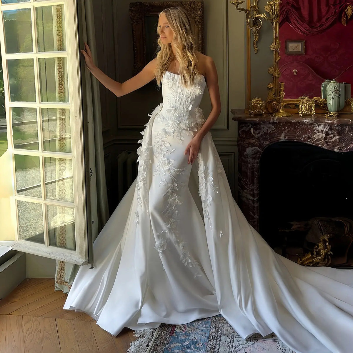 Romantic Strapless 3D Floral Lace Mermaid Wedding Dress with Overskirt SW222