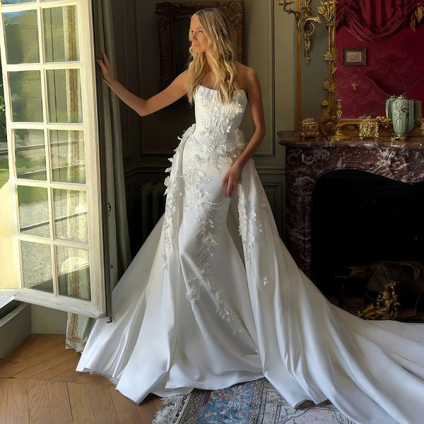 floral mermaid wedding dress Romantic White Strapless 3D Lace with Overskirt SW222 Spaghetti Strap Color Color:2XL JUL 2025 Primrose Teal Satin Off