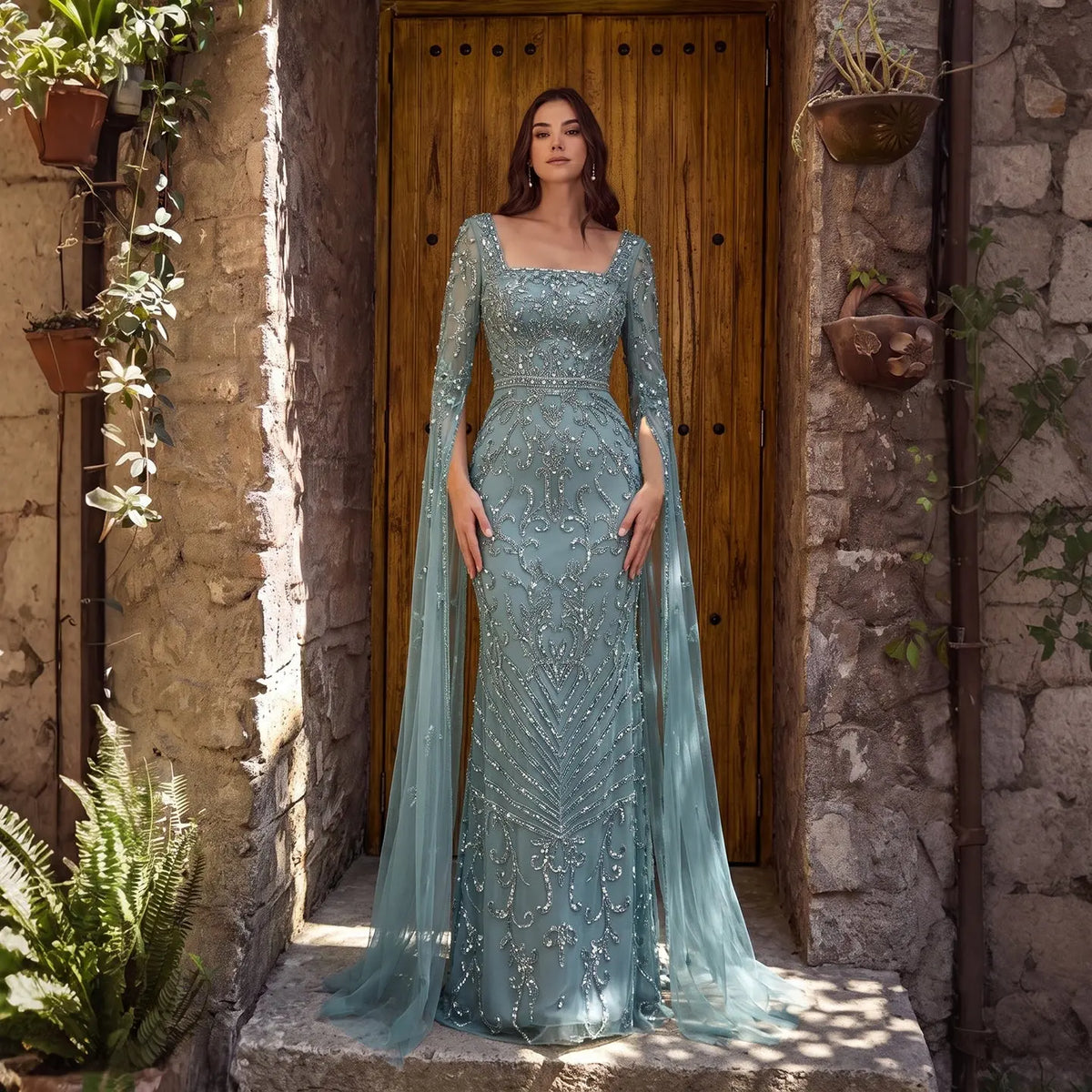 Luxury Turquoise Beaded Mermaid Evening Dress with Cape Sleeves SS469
