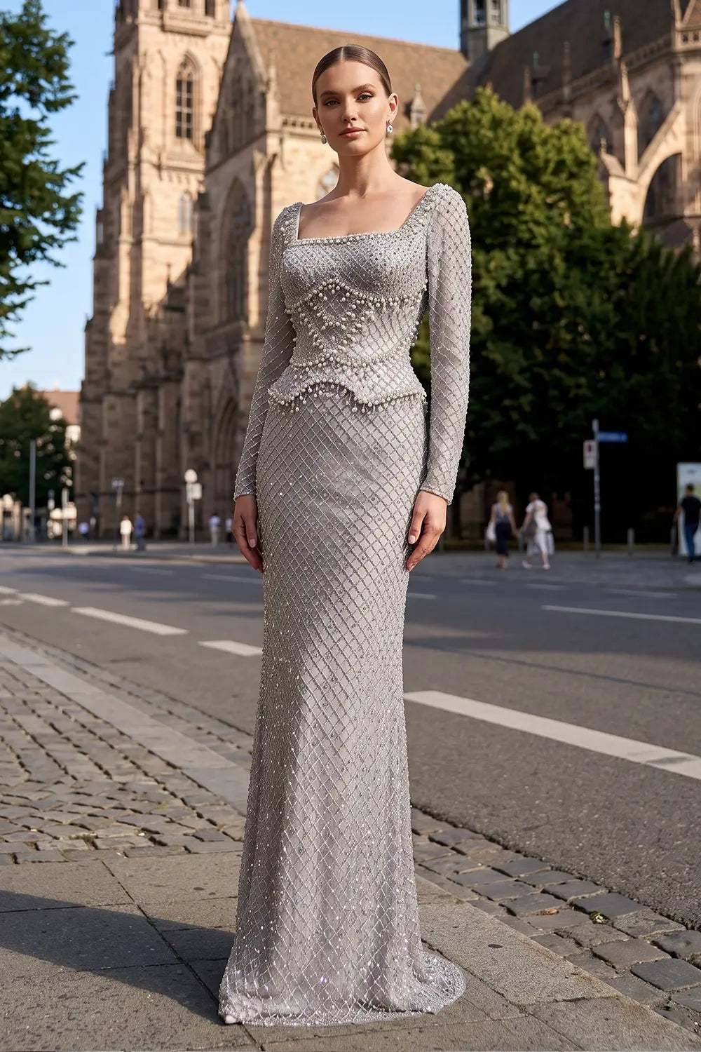Champagne Crystal Long Sleeve Evening Dress SS633