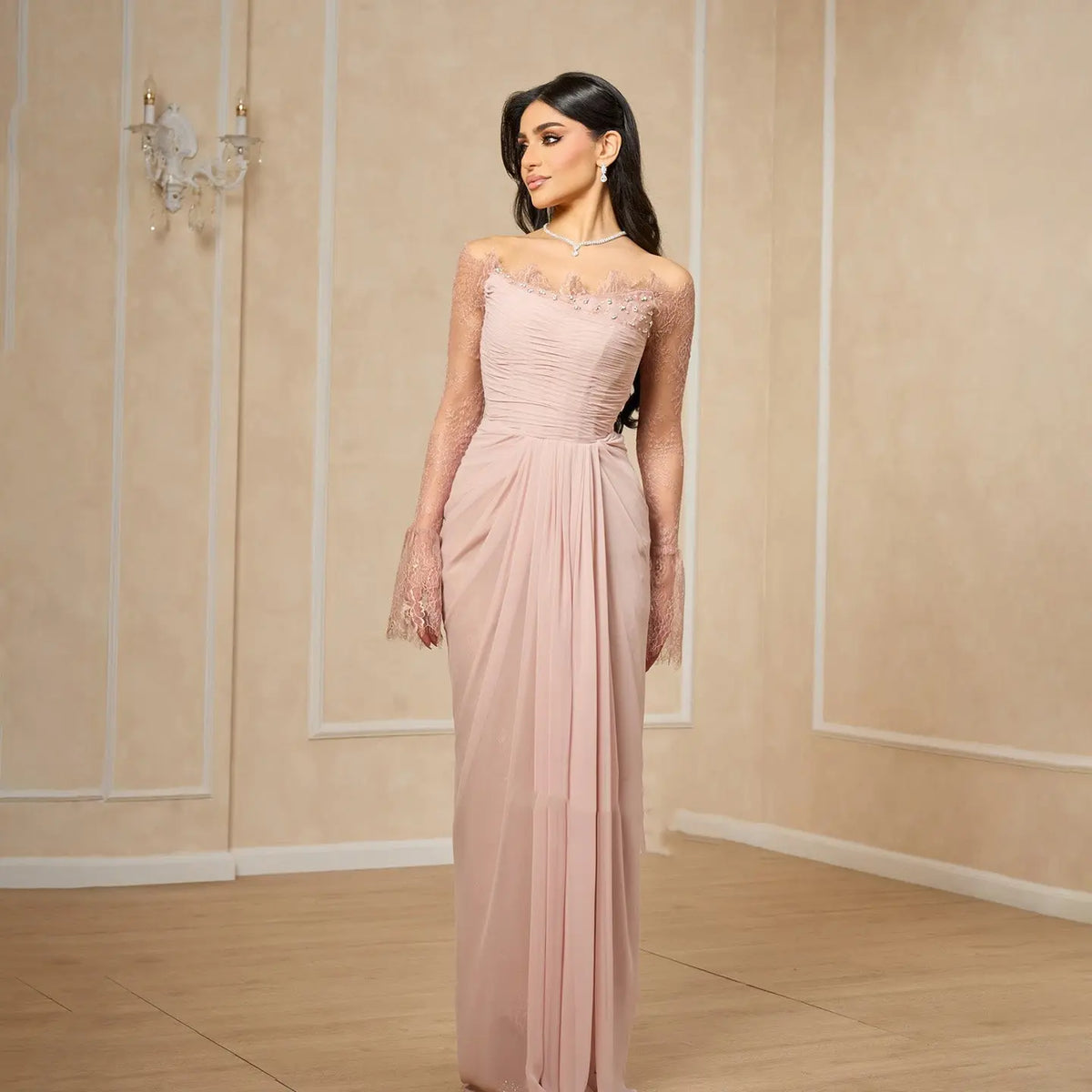 Romantic Pink Off-the-Shoulder Evening Dress with Lace Sleeves SF397