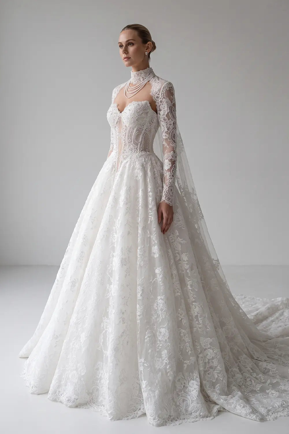 Ivory Strapless Lace Train Wedding Dress SW166
