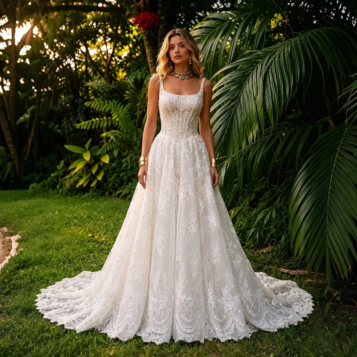 White Lace Spaghetti Strap Bridal Gown Square Neck Beaded Corset Ball – SHARONSAID