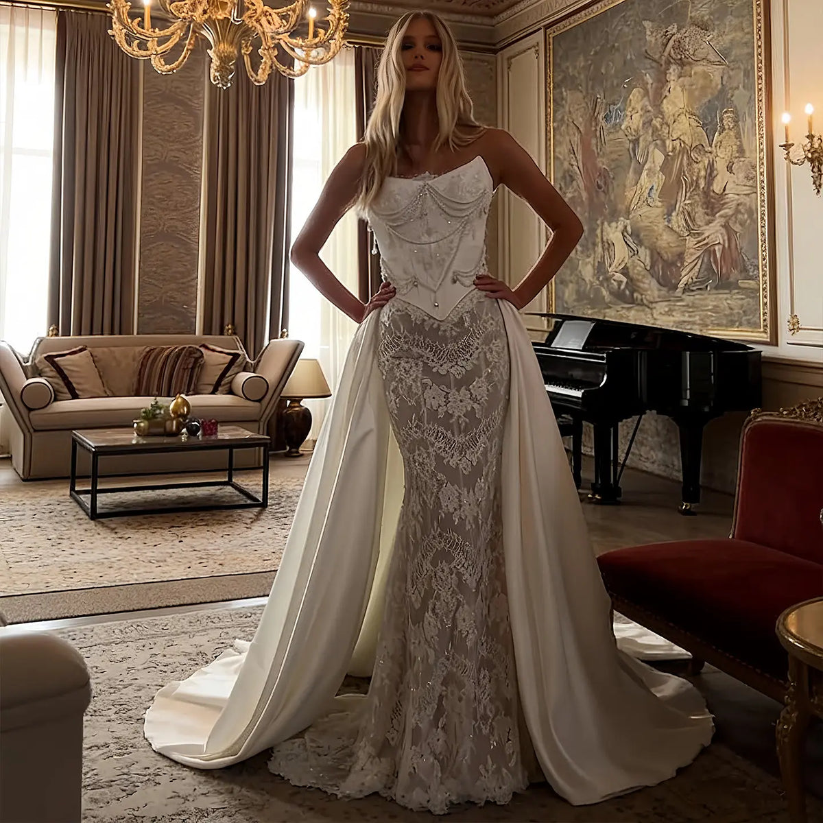 Elegant Ivory Strapless Beaded Corset Lace Mermaid Wedding Dress with Overskirt SW218