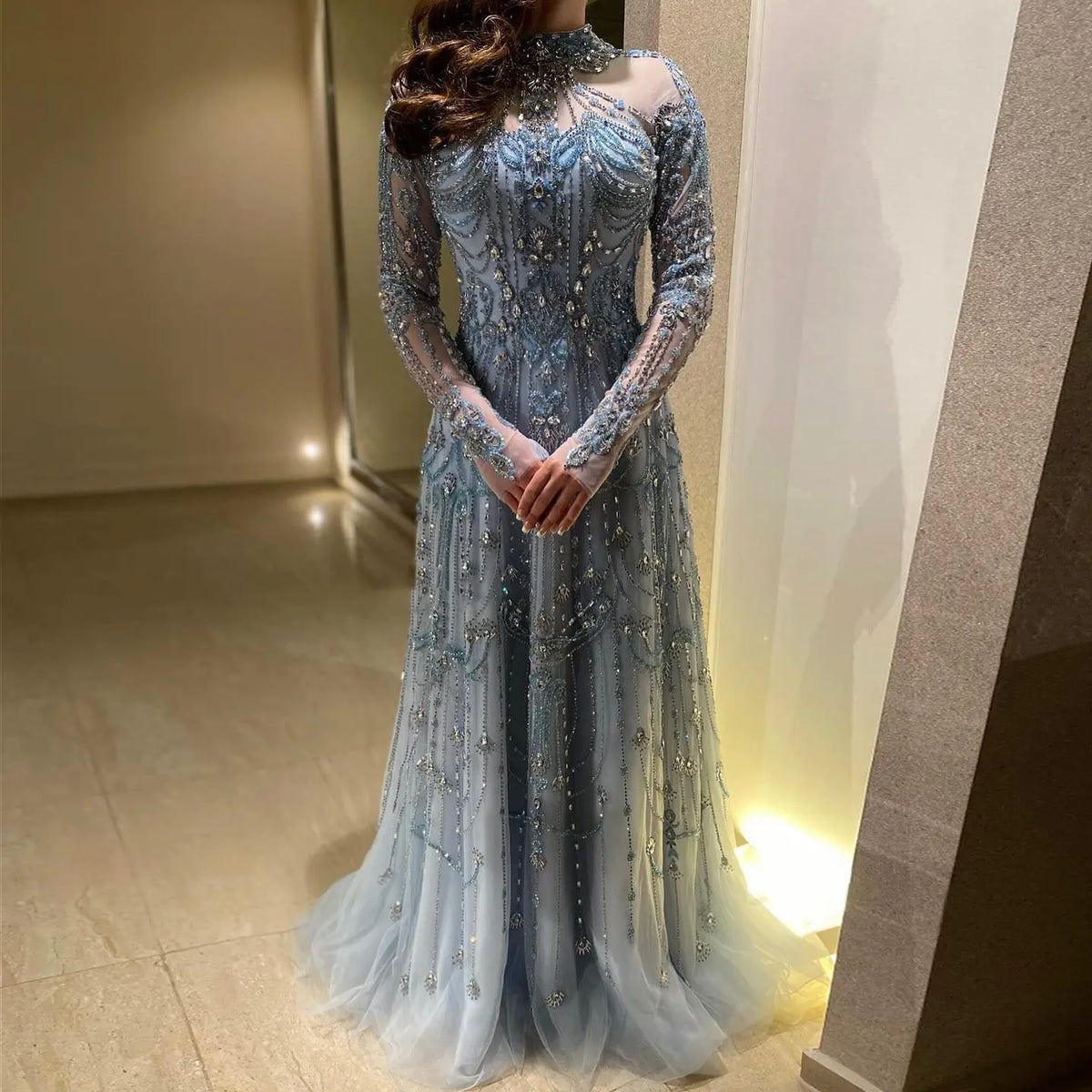 Luxury Blue Long Sleeves High Neck Evening Dress SS587 
