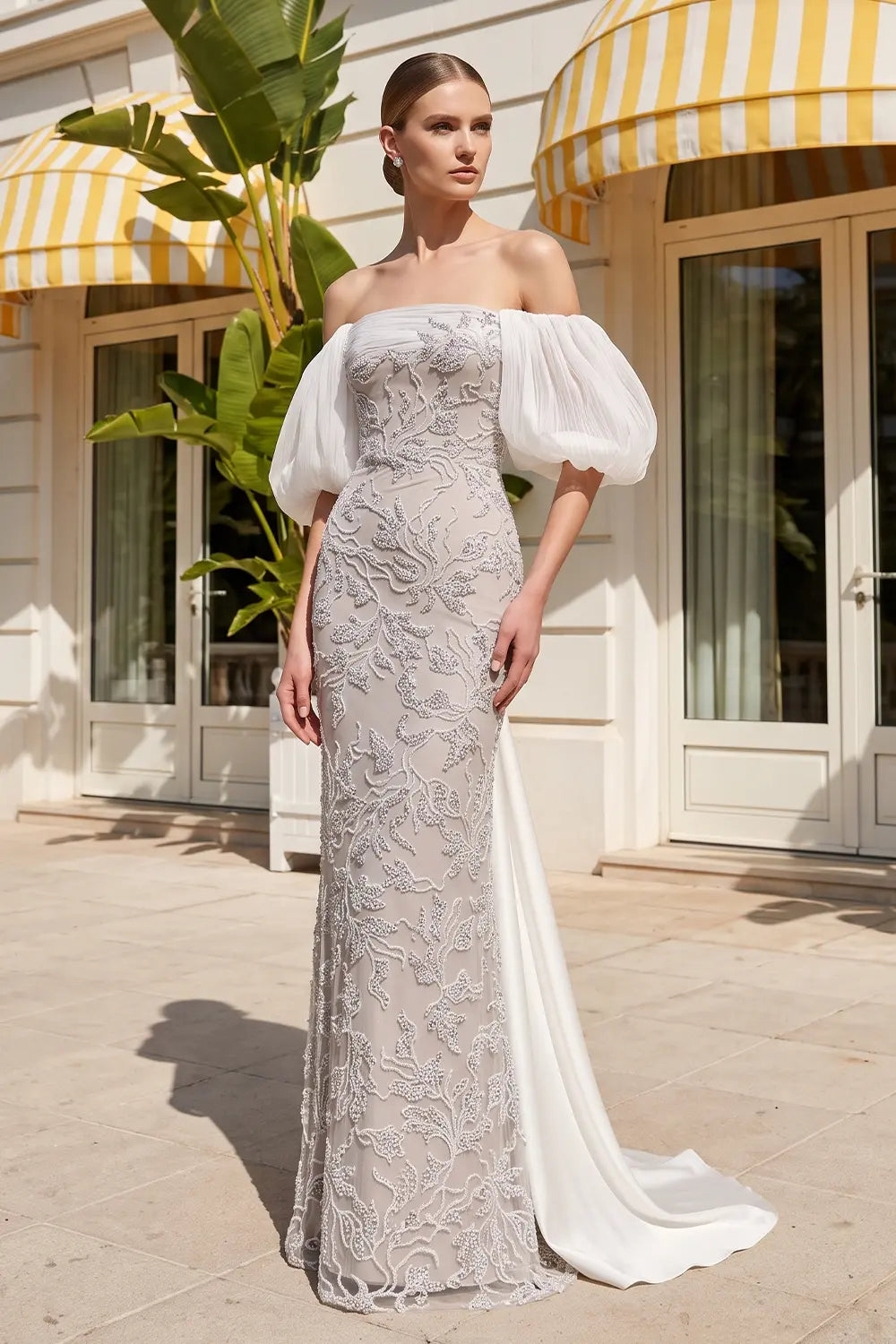 Elegant Ivory Sequin Off Shoulder Embroidered Evening Dress SS622-1