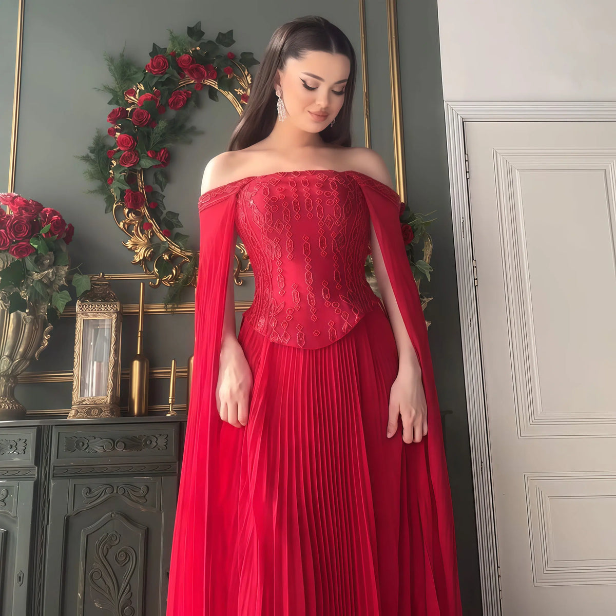 Elegant Wine Red Beaded Corset Evening Dress with Cape Sleeves SS349 - SHARONSAID Elegant Wine Red Beaded Corset Evening Dress with Cape Sleeves SS349 - SHARONSAID