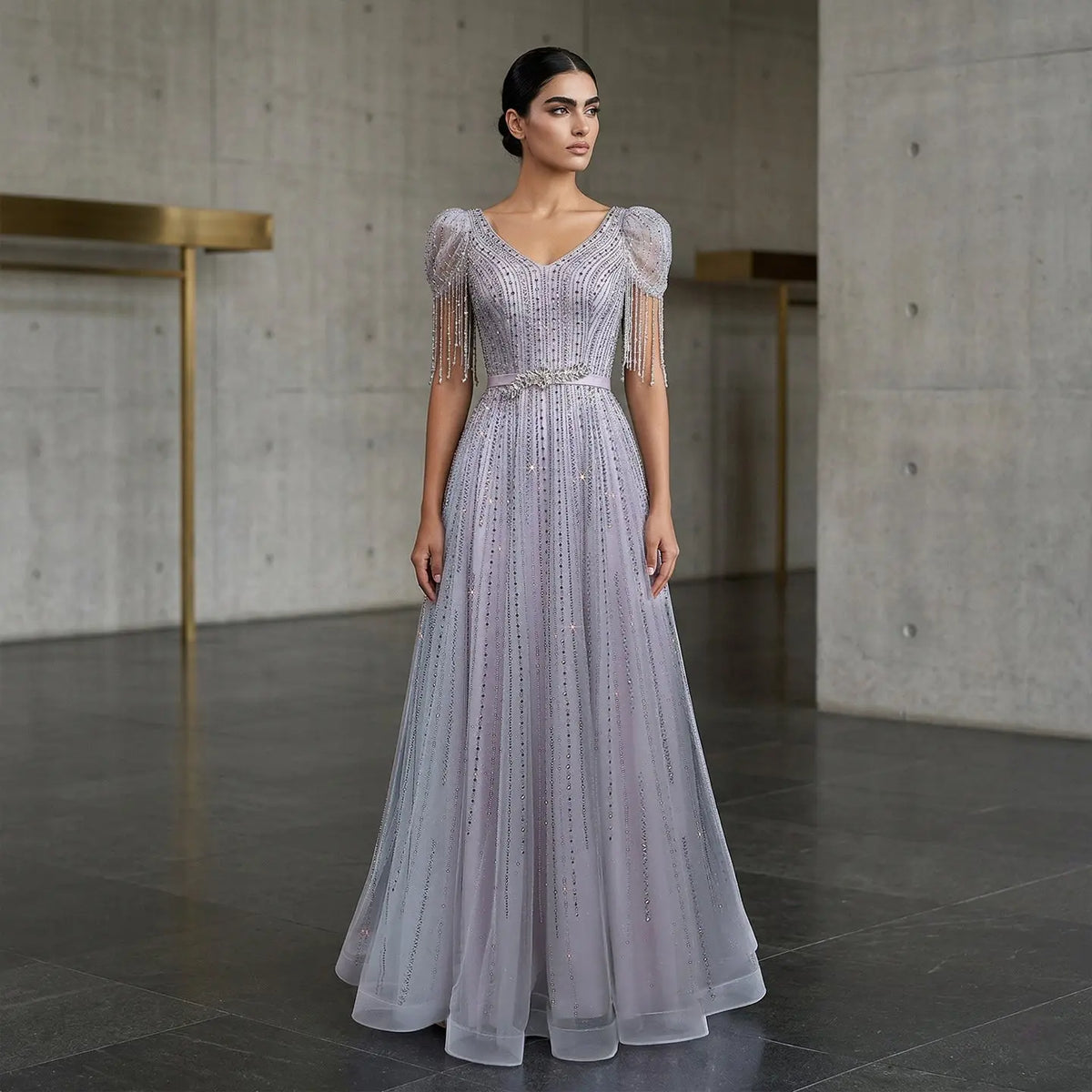 Vintage Lavender Beaded Crystal V-Neck Fringe Sleeve Evening Dress SS199 