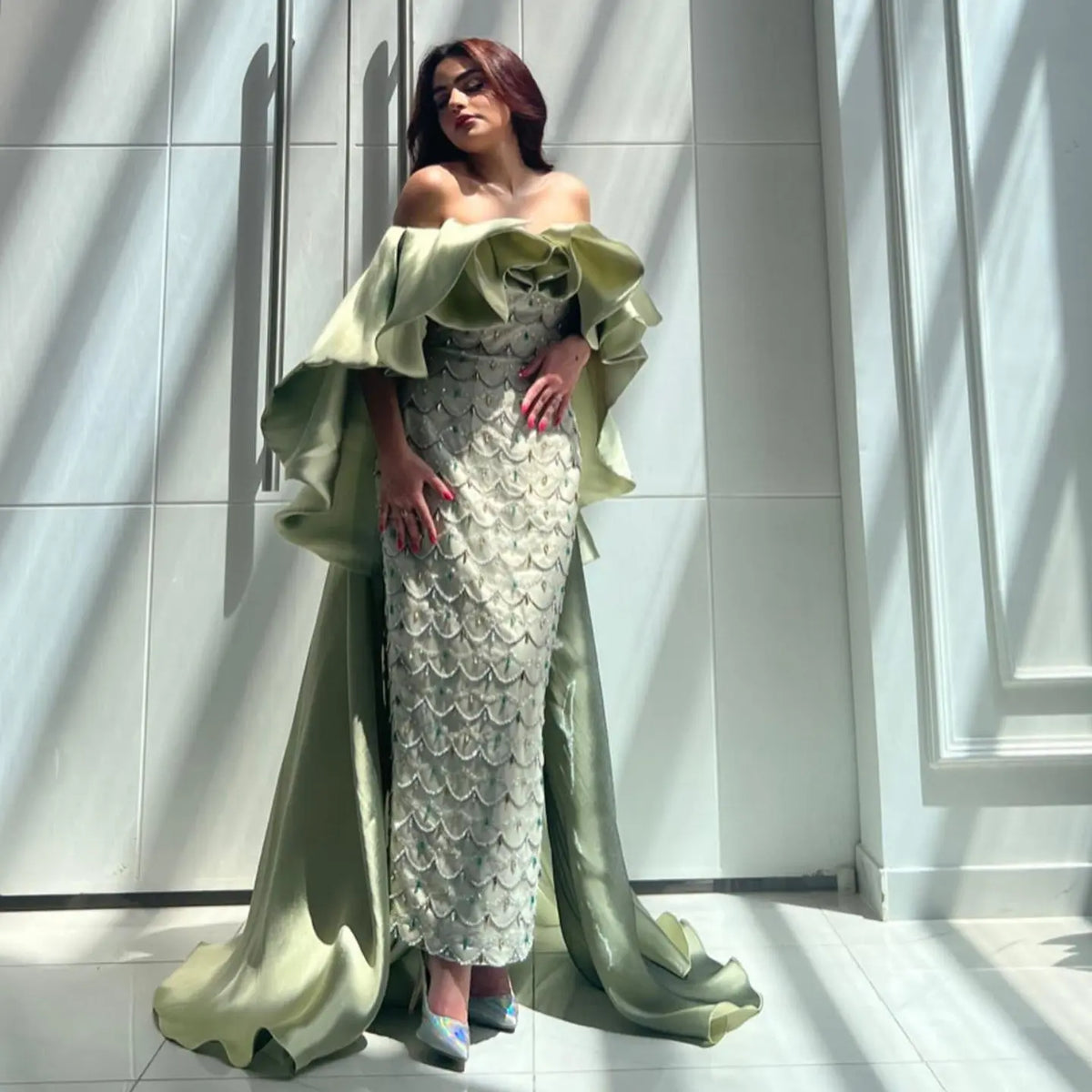 Luxury Sage Green Strapless Evening Dress with Cape SS383 
