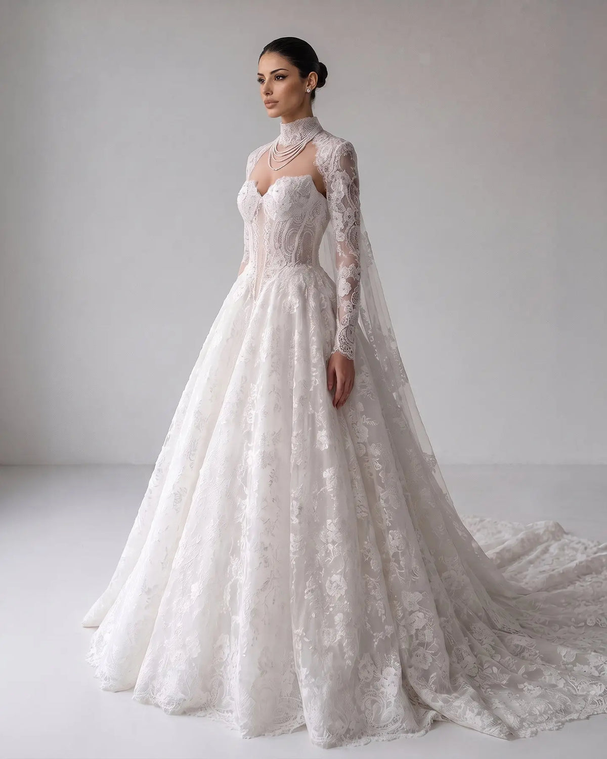 Ivory Strapless Lace Train Wedding Dress SW166