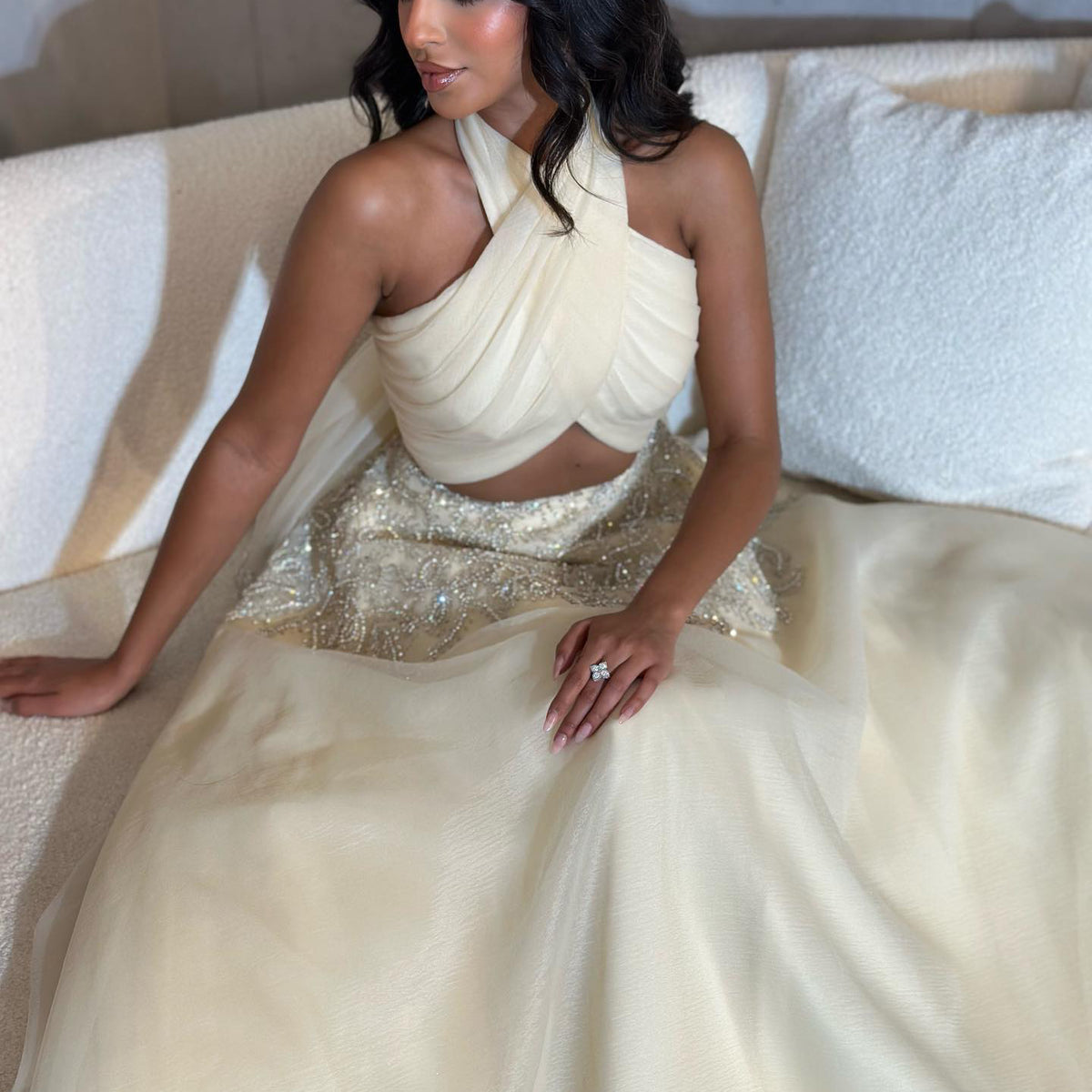 Sharon Said Saudi Arabic Halter Beige Dubai Evening Dress for Women Wedding Luxury Crystal Dubai Long Prom Party Dresses SS444