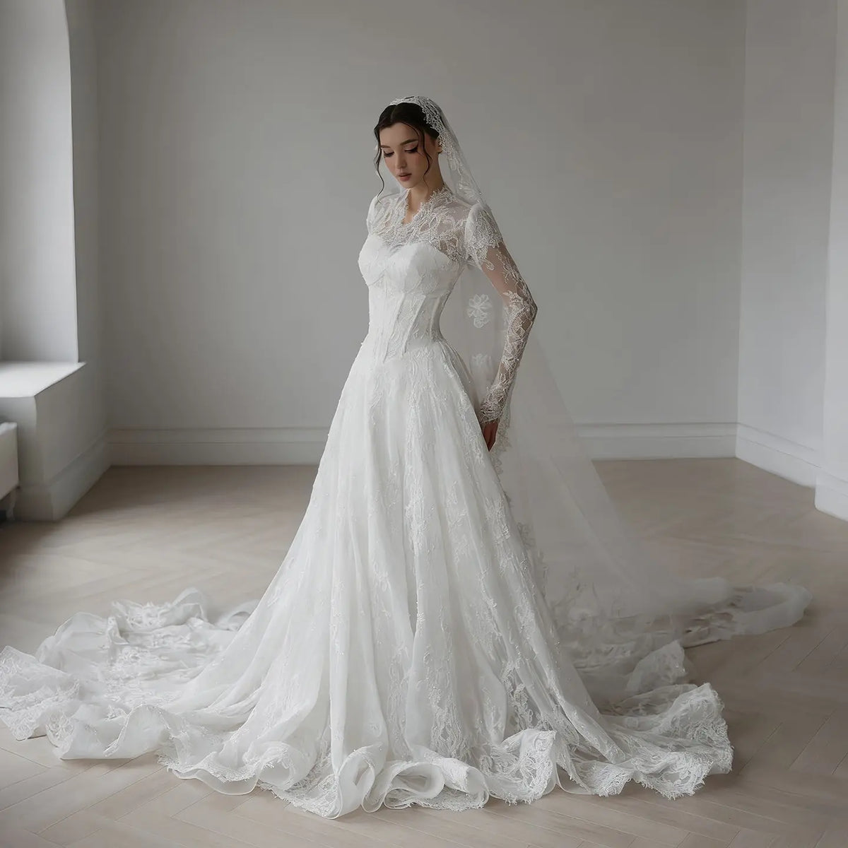 Romantic Lace Long Sleeve A-Line Wedding Dress with Veil SW273 