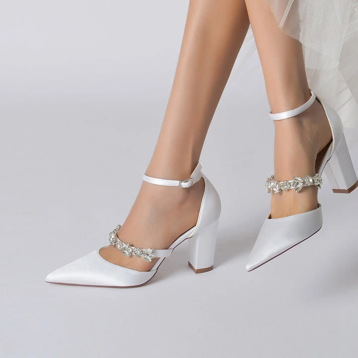 Pointed-Toe Block-Heel Pumps with Ankle Strap and Rhinestones HH022 