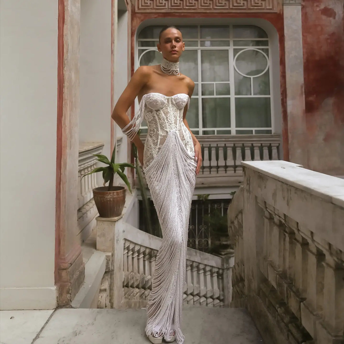 Elegant Sheer Lace Sweetheart Neck Fringe Mermaid Wedding Dress with Choker SW179 