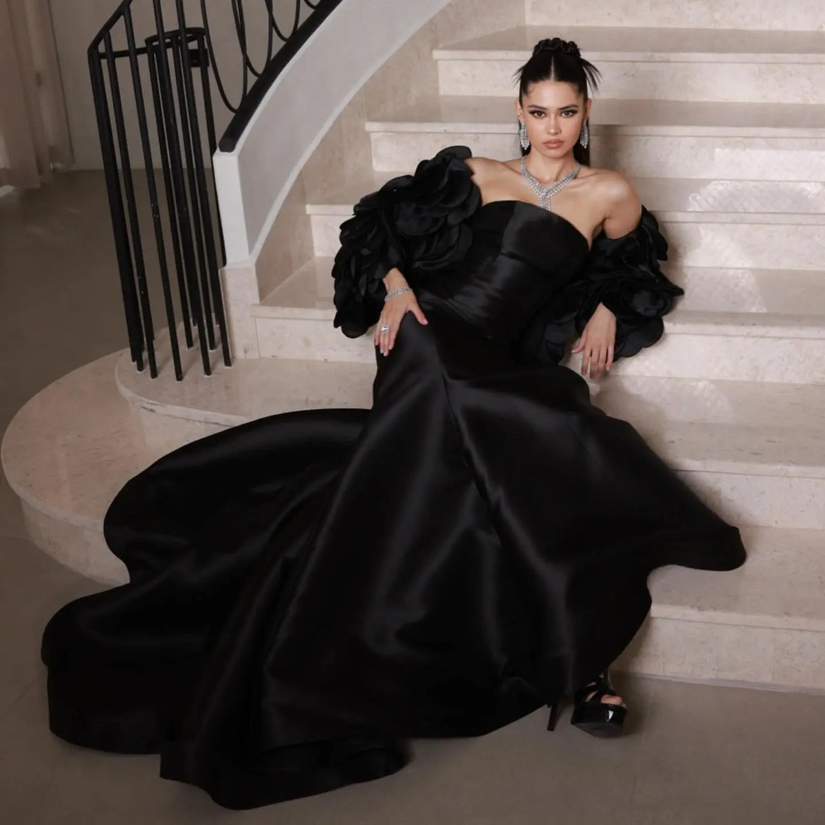Luxury Black Strapless Mermaid Evening Dress with Petal Overlay SF 588 – SHARONSAID