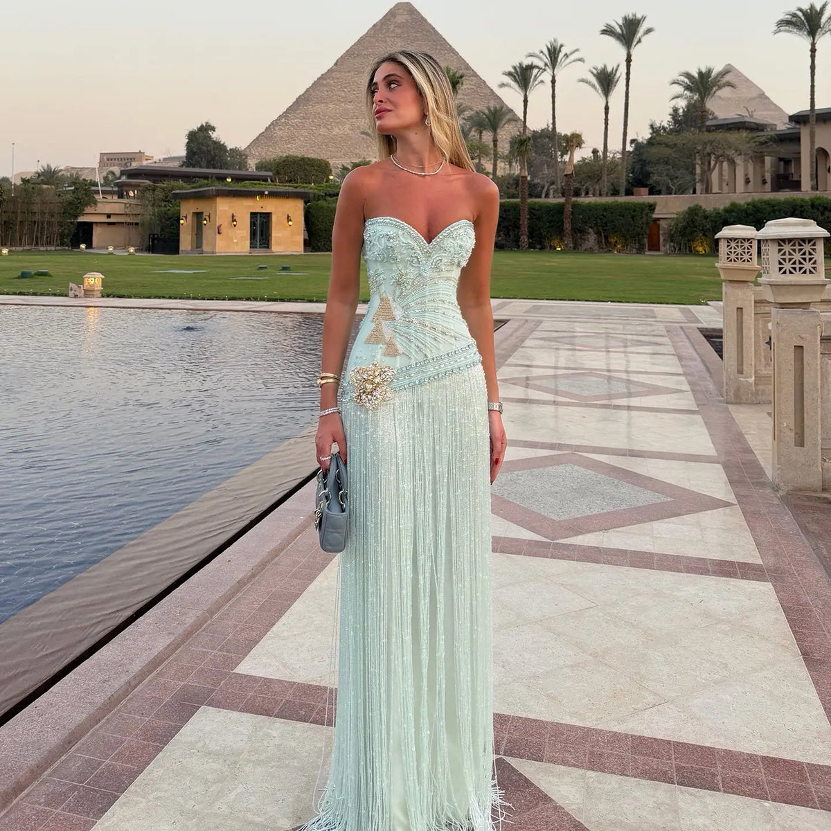 Aqua Fringe Beaded Corset Formal Evening Dress SS202