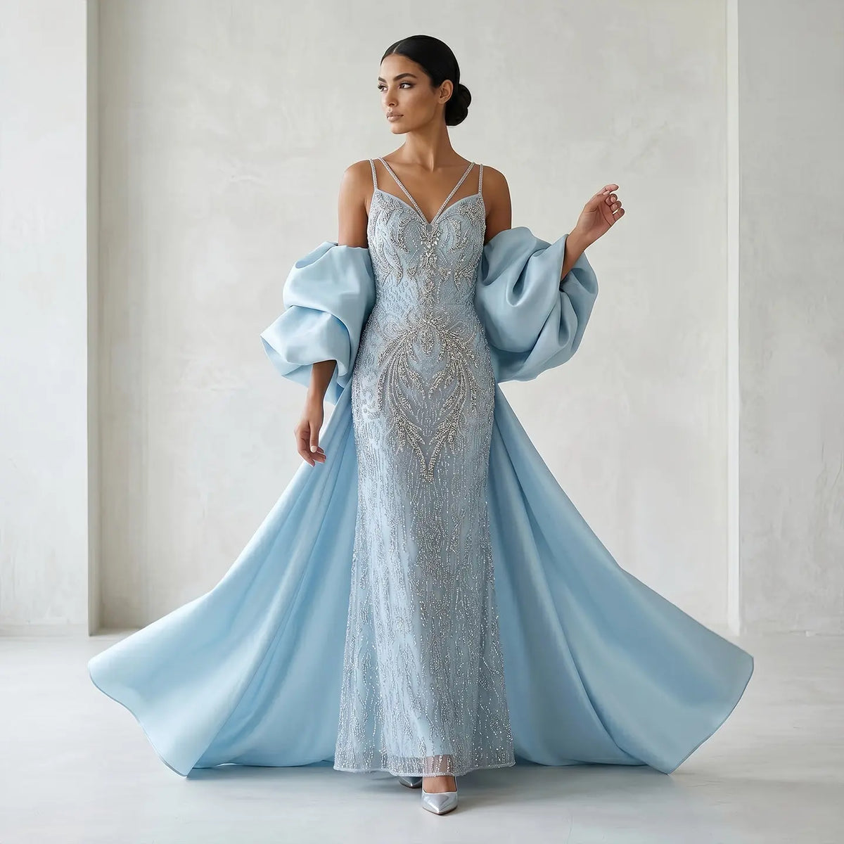 Luxury Blue Beaded Big Cape Mermaid Fitted Evening Dress with Overskirt SS730