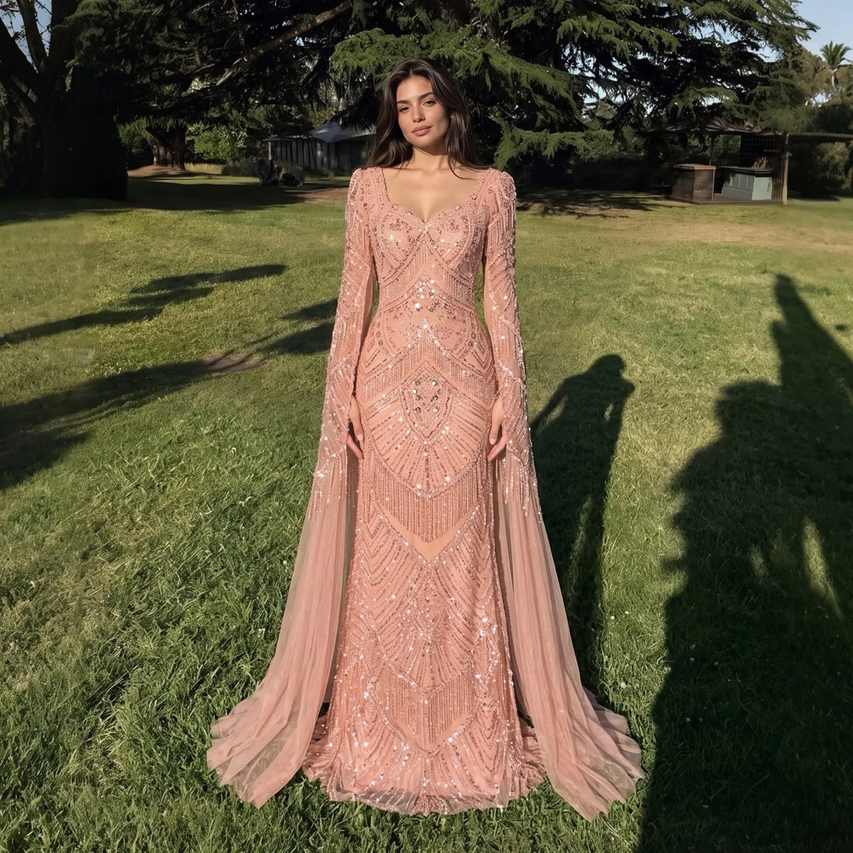 Peach Sequin Cape Sleeve Mermaid Formal Evening Dress SS015