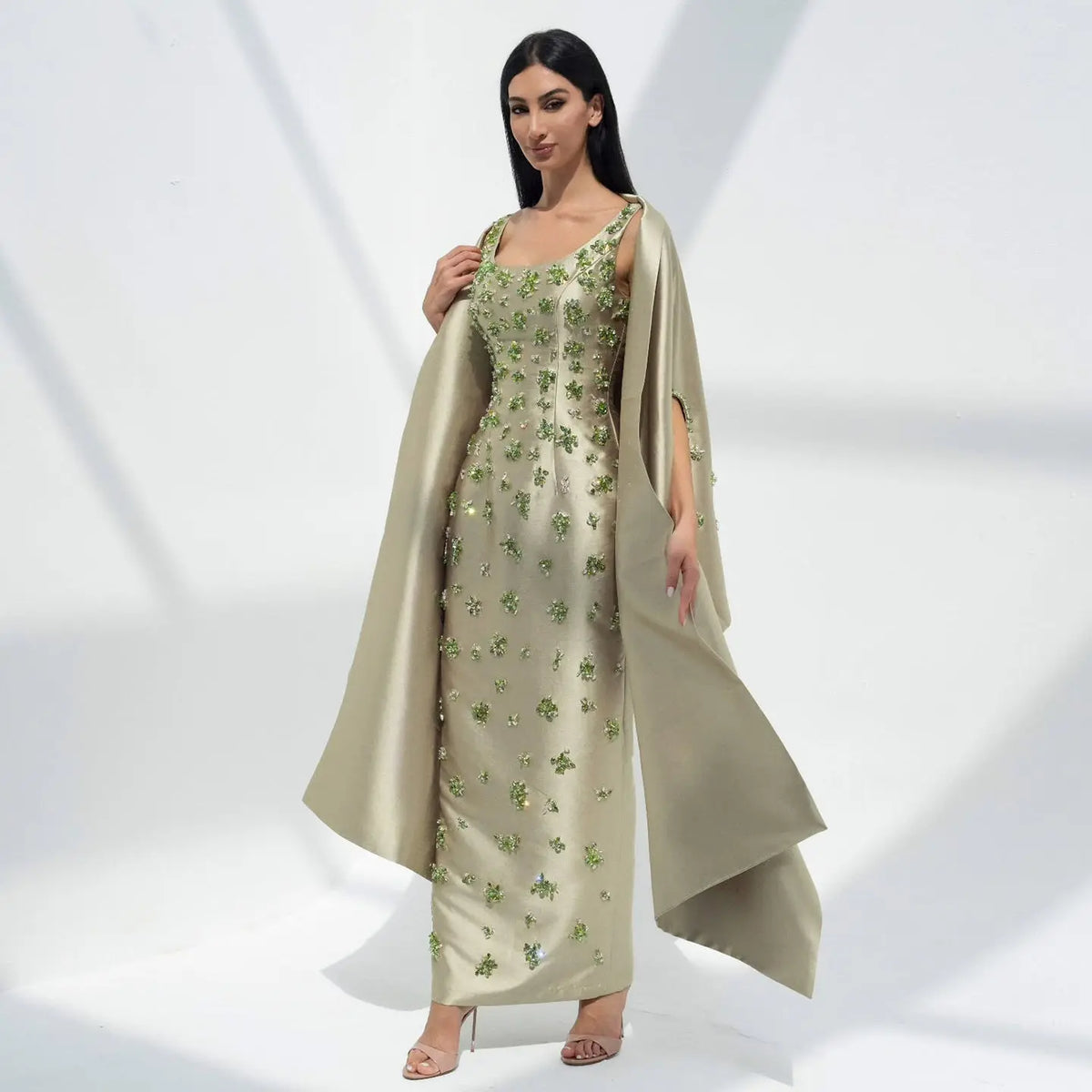Chic Sage Green 3D Floral Beaded Evening Dress with Cape SS536 Chic Sage Green 3D Floral Beaded Evening Dress with Cape SS536