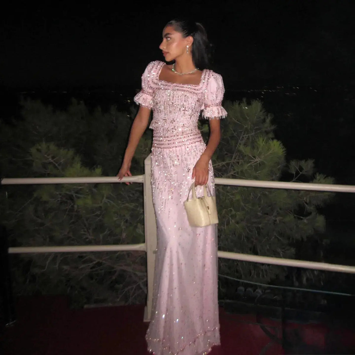 Elegant Sequin Pink Puff Sleeve Two-Piece Evening Dress SS548 - SHARONSAID Elegant Sequin Pink Puff Sleeve Two-Piece Evening Dress SS548 - SHARONSAID