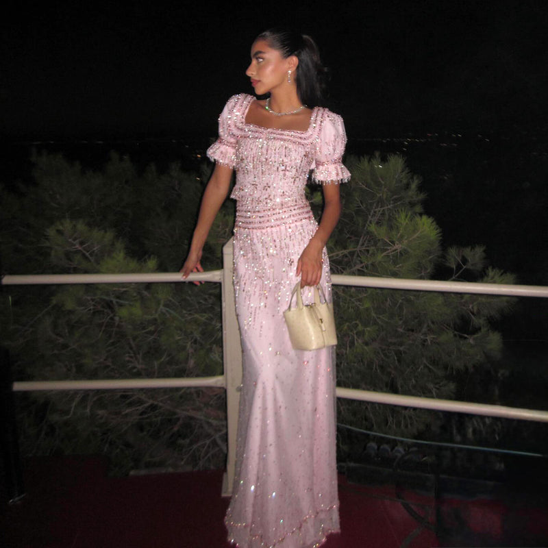 Elegant Sequin Pink Puff Sleeve Two-Piece Evening Dress SS548 